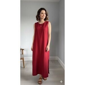 Studio Ease‎ Heavy Linen Maxi Dress Red Side Slit Women's Sz-10 Minimalist Boho